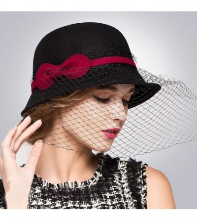 Fedoras Women's Wool Felt Flowers Church Bowler Veil Hats - Black - C3128NIYNLT