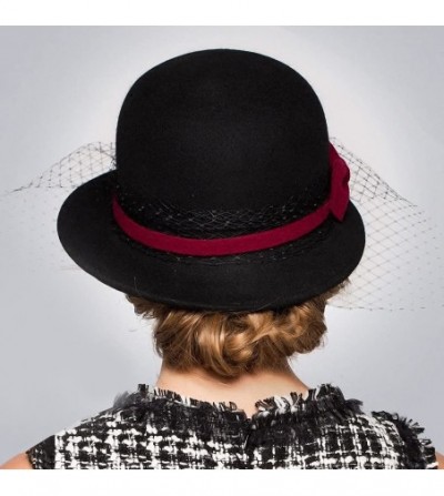 Fedoras Women's Wool Felt Flowers Church Bowler Veil Hats - Black - C3128NIYNLT