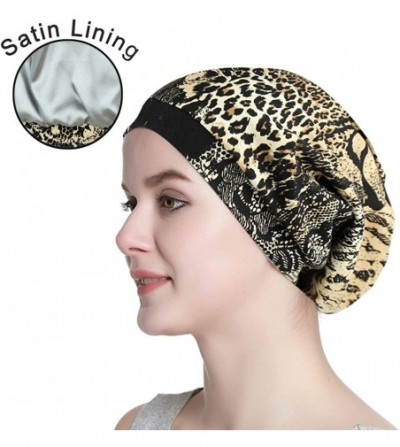 Skullies & Beanies Satin Lined Sleep Cap Slouchy Slap Hat — Soft Elastic Band- Stay All Night - Brownish Yellow Leopard - C21...