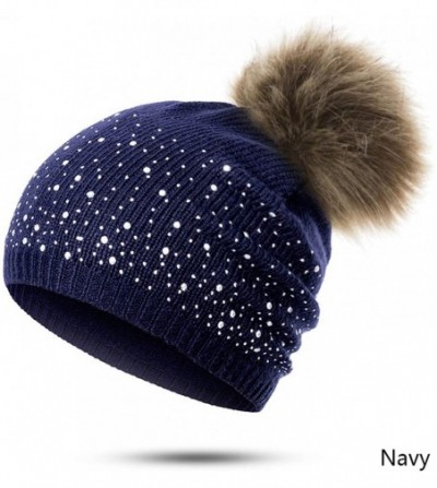 Skullies & Beanies Women's Winter Beanies Hat Knit Beanie Hat Pompom Female Rhinestone Skullies Hat - Khaki - CQ18A2M0HTO