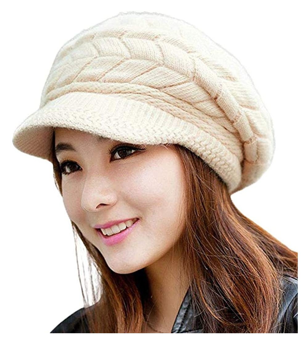 Visors Womens Winter Warm Knitted Hats Slouchy Wool Beanie Hat Cap with Visor - Beige - CY18ND7KSKI