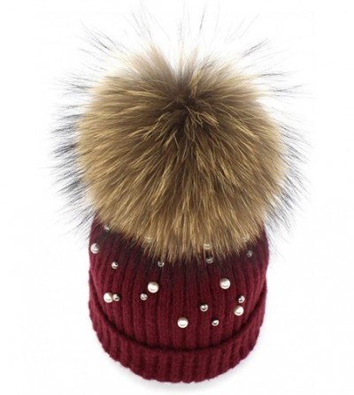 Skullies & Beanies Girls Winter Knitted Beanie Hat Real Fur Pom Pearls Womens Warm Cap - Wine - CI18KNI3EGS