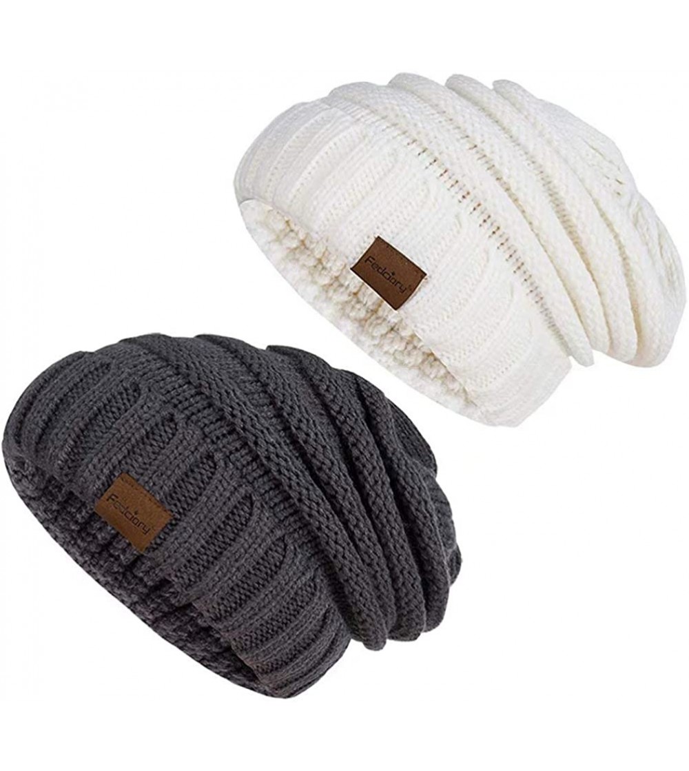 Skullies & Beanies Slouchy Beanie Hat for Women- Winter Warm Knit Oversized Chunky Thick Soft Ski Cap - Cuff Dark Gray+white ...