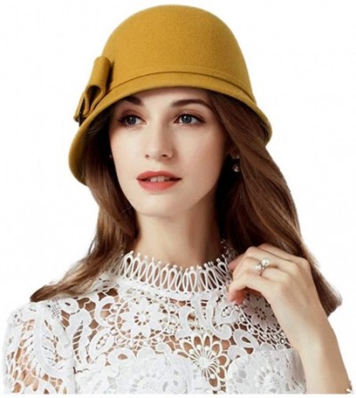 Bucket Hats Women Solid Color 100% Wool Winter Hat Women Cloche Bucket Bowler with Bowknot - Yellow - CJ18H568M2S