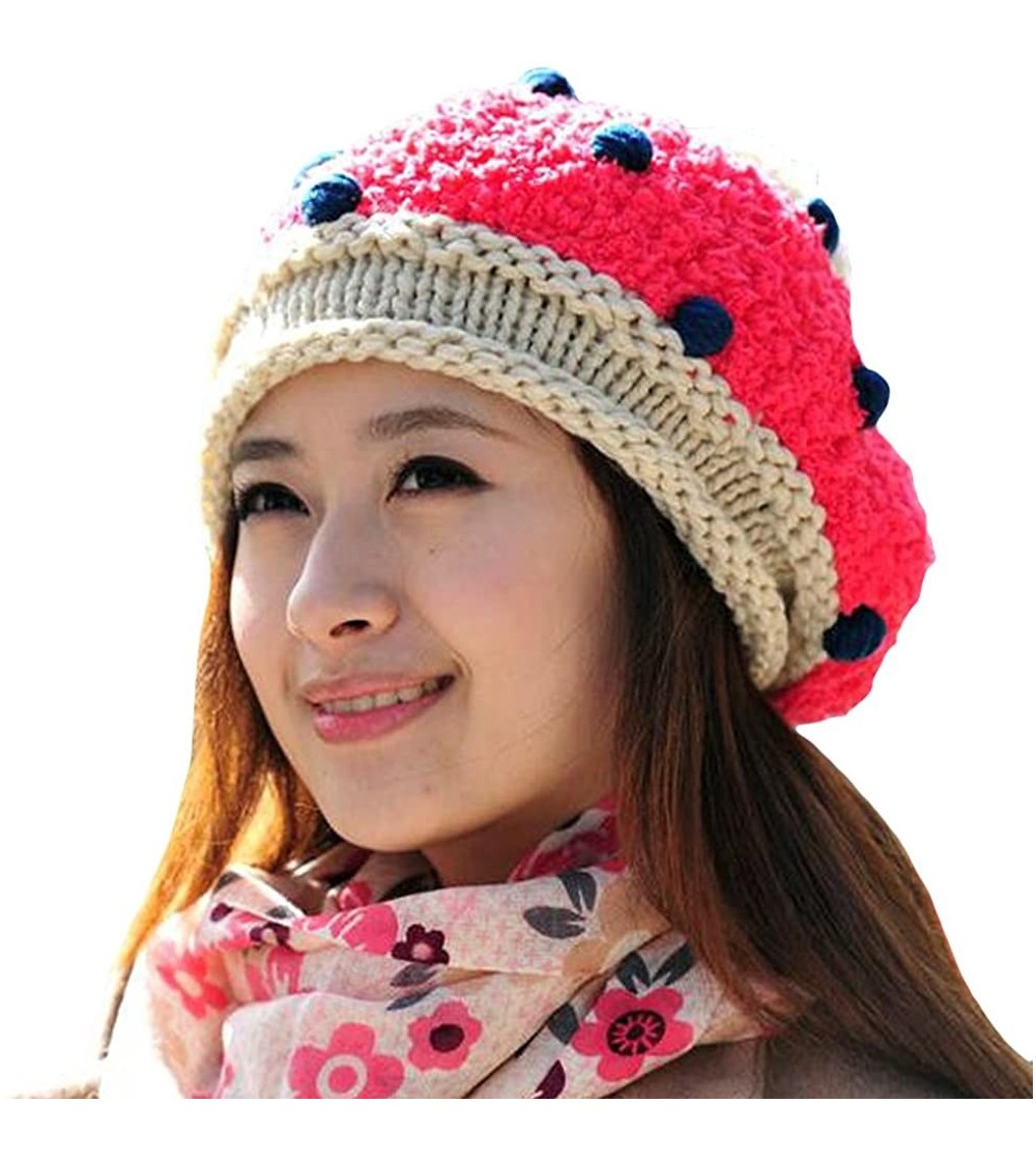 Skullies & Beanies Women Girl Dotted Fluffy Knit Cute Beanie Crochet Rib Pom Pom Hat Cap Warm FFH003BEI Beige - CO12O1YUOO1