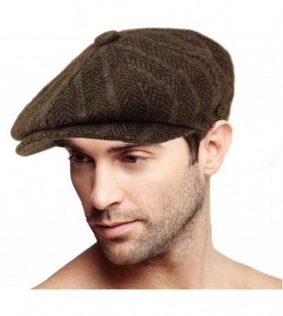 Newsboy Caps Men's 100% Winter Wool Herringbone Snap Newsboy Drivers Cabbie Cap Hat - Striped Brown - CV18Q25DU6W
