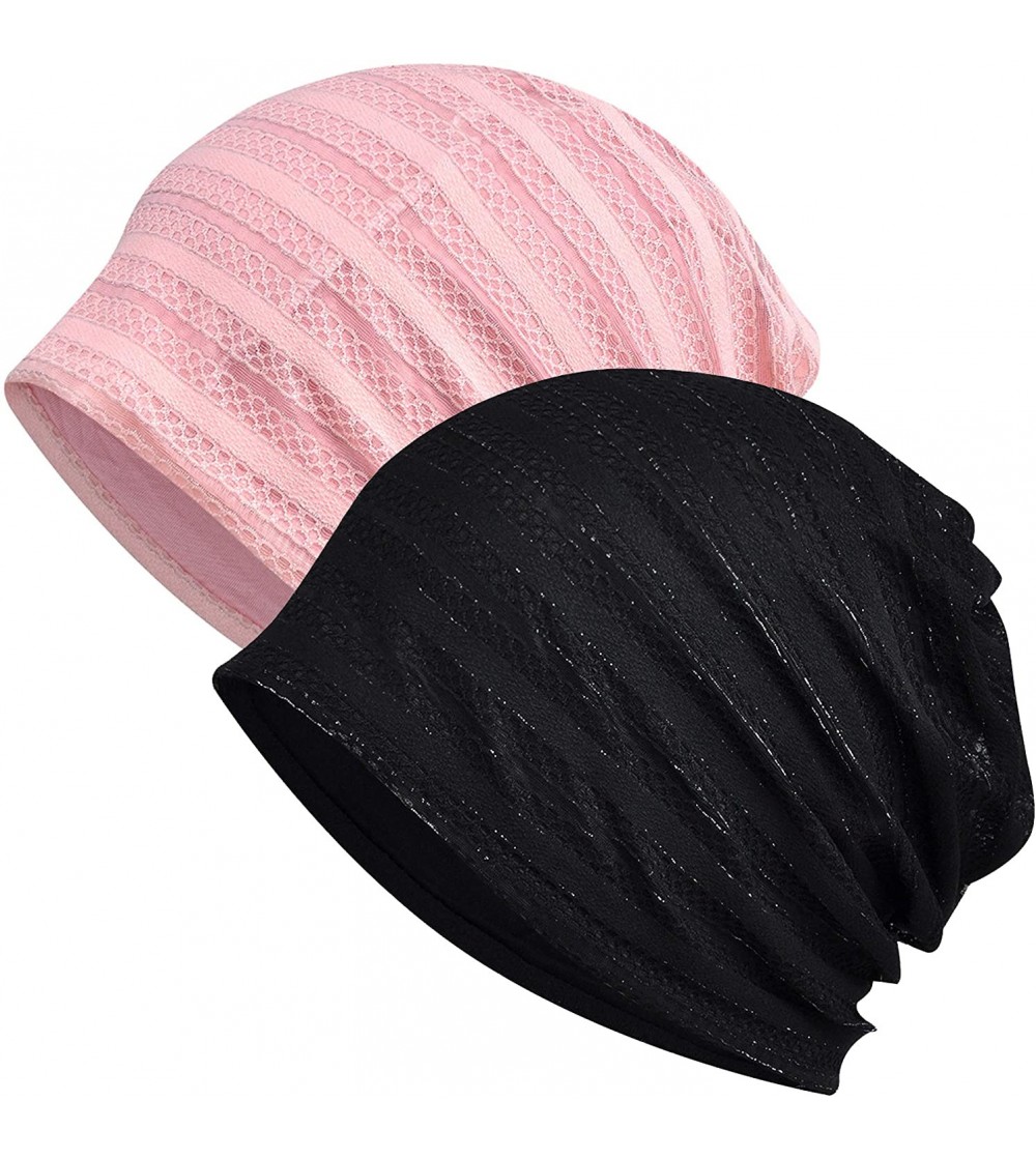 Skullies & Beanies Women's Baggy Slouchy Beanie Chemo Cap for Cancer Patients - 2 Pack Black & Light Pink - CM18WI4H4XS
