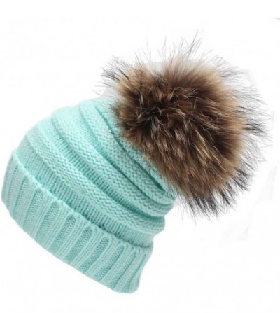 Skullies & Beanies Womens Winter Soft Cozy Hand Knit Faux Fur Pompoms Beanie Hat(Light Blue- one-Size) - Light Blue - CH18I2W...