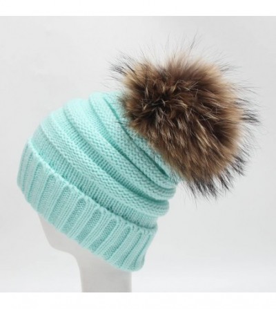 Skullies & Beanies Womens Winter Soft Cozy Hand Knit Faux Fur Pompoms Beanie Hat(Light Blue- one-Size) - Light Blue - CH18I2W...