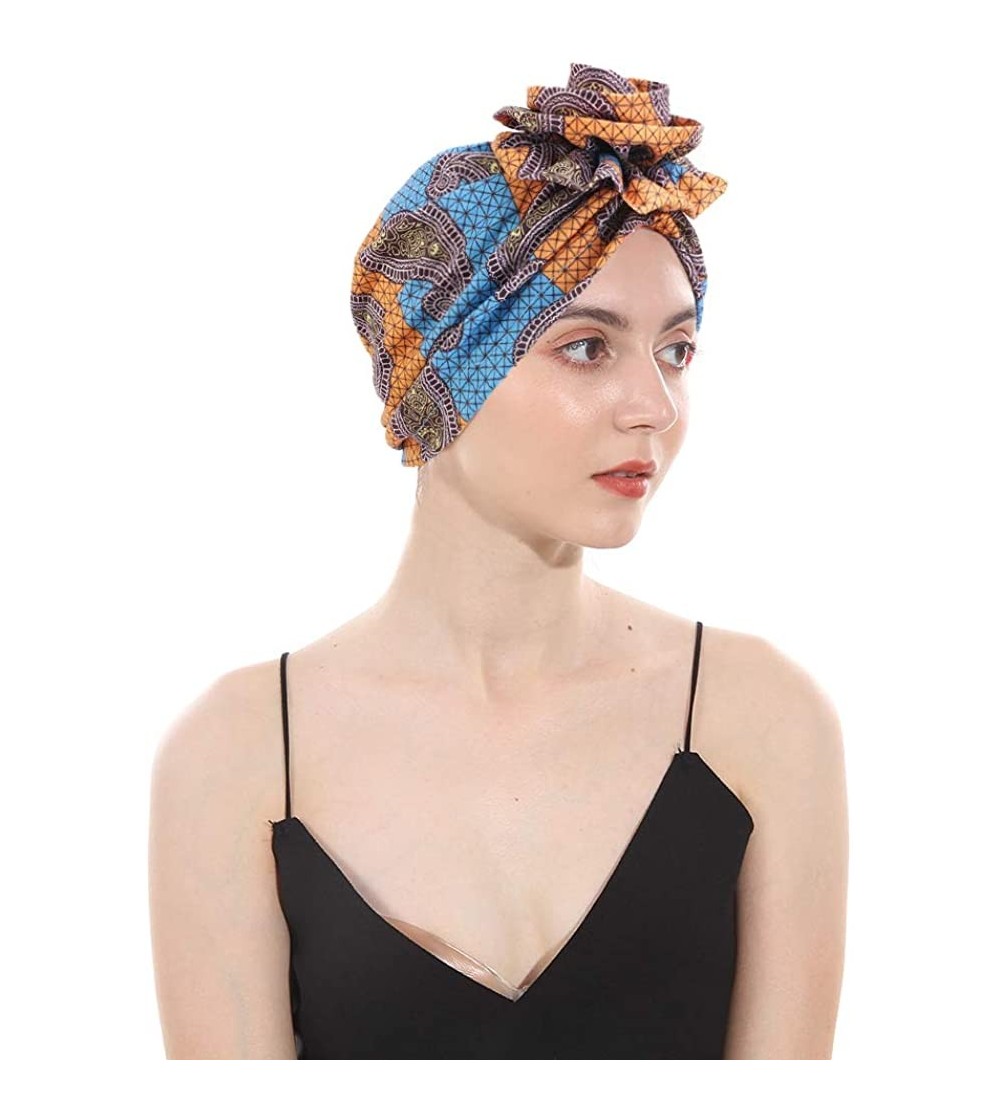 Skullies & Beanies New Women's Cotton Flower Elastic Turban Beanie Pre-Tied Bonnet Chemo Cap Hair Loss Hat - New Orange - CH1...
