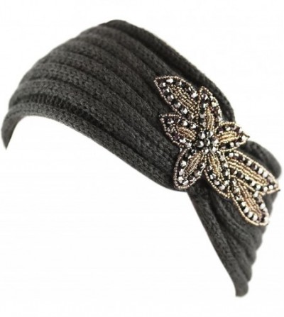 Headbands Sequin Knit Headband with Flower Decoration - Charcoal - CW186RMI8M7