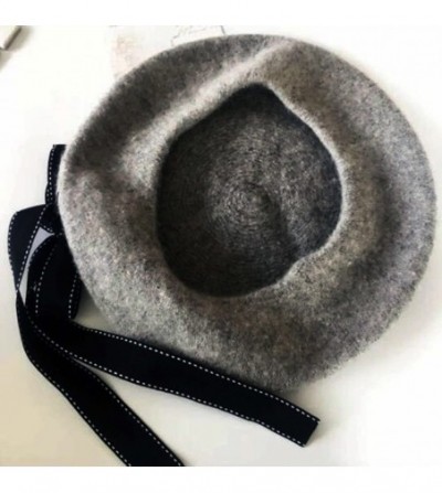 Berets Wool Blend Bow Long Tie Artist Warm French Vintage Beanie Beret Hat Cap - Gray - CP180GR8Q4A