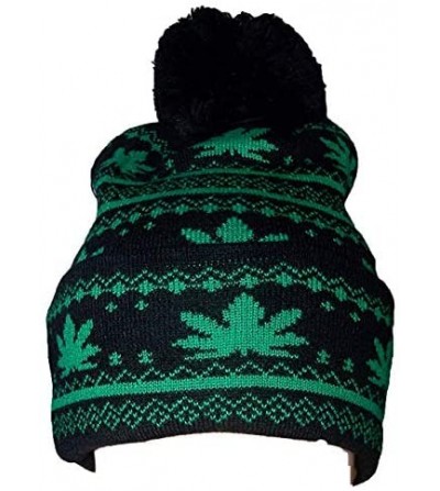 Skullies & Beanies Marijuana Weed Knitted Winter Caps Beanies w/Pompom Heavy Weight - Black Color (Wca130 Z) - CU189MC5O3N