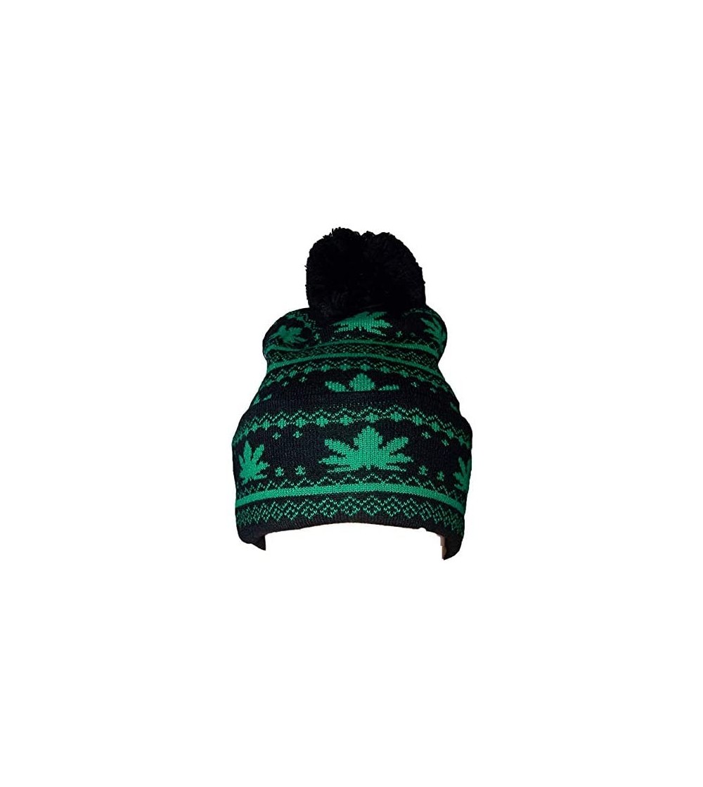 Skullies & Beanies Marijuana Weed Knitted Winter Caps Beanies w/Pompom Heavy Weight - Black Color (Wca130 Z) - CU189MC5O3N