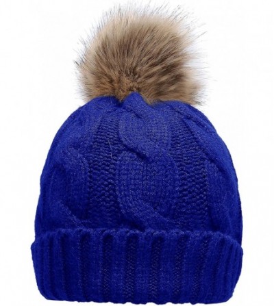 Skullies & Beanies Women's Winter Ribbed Knit Faux Fur Pompoms Chunky Lined Beanie Hats - A Twist Royal Blue - C8184ROZIOQ