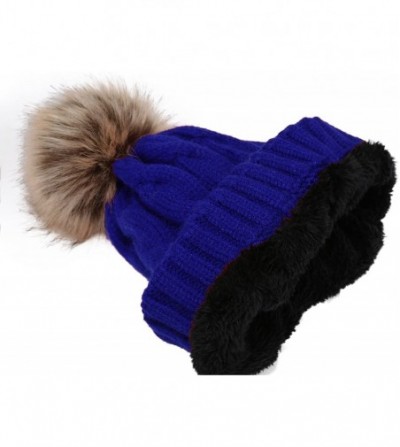 Skullies & Beanies Women's Winter Ribbed Knit Faux Fur Pompoms Chunky Lined Beanie Hats - A Twist Royal Blue - C8184ROZIOQ