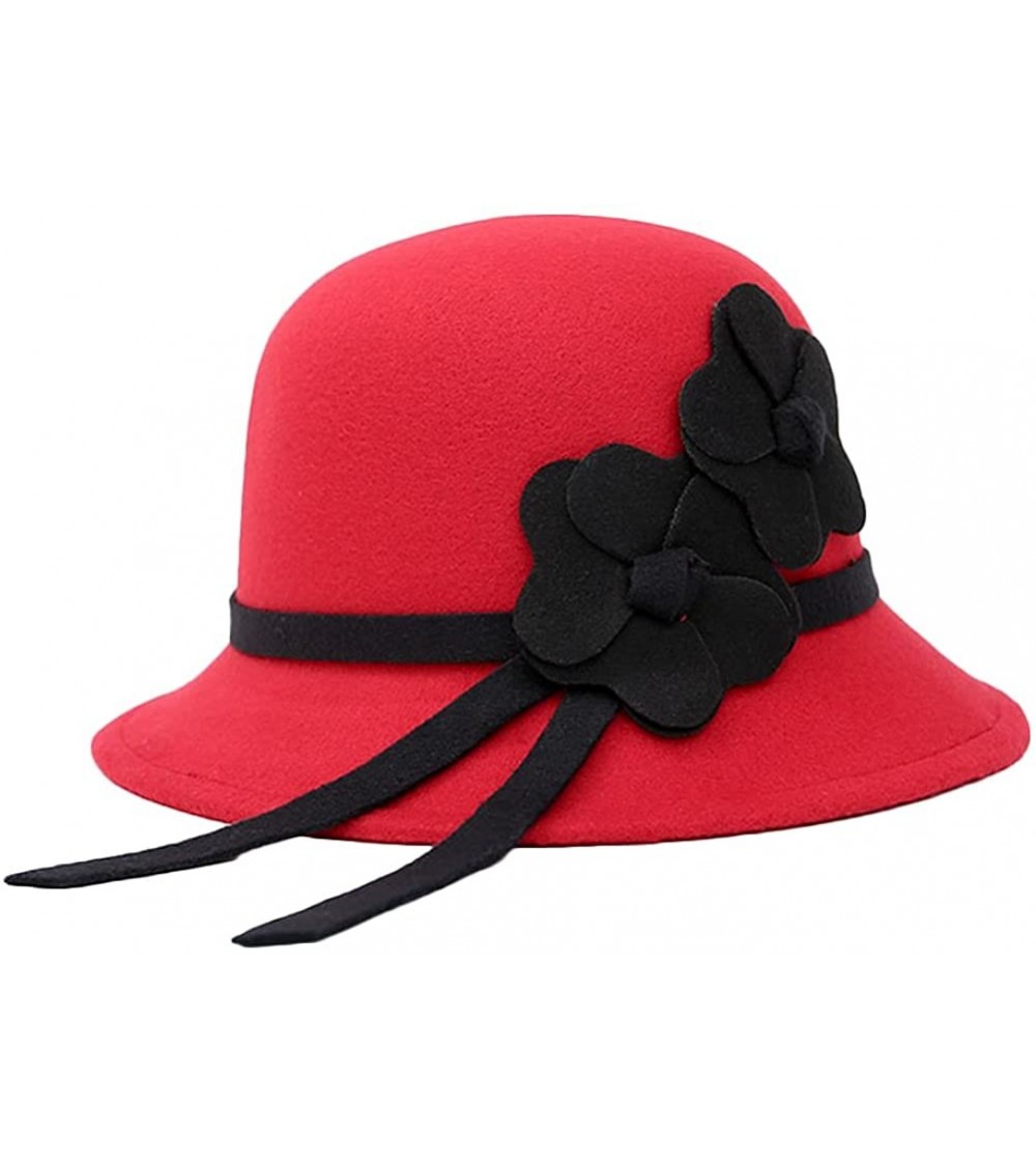 Bucket Hats Flower Faux Wool Felt Cloche Bucket Bowler Hat for Women Church Hats Autumn Spring Winter - Red - CR17YDNOCYQ