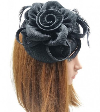 Berets Womens Fascinator Hat Sinamay Pillbox Flower Feather Tea Party Derby Wedding Headwear - Black - C618NOQ435N