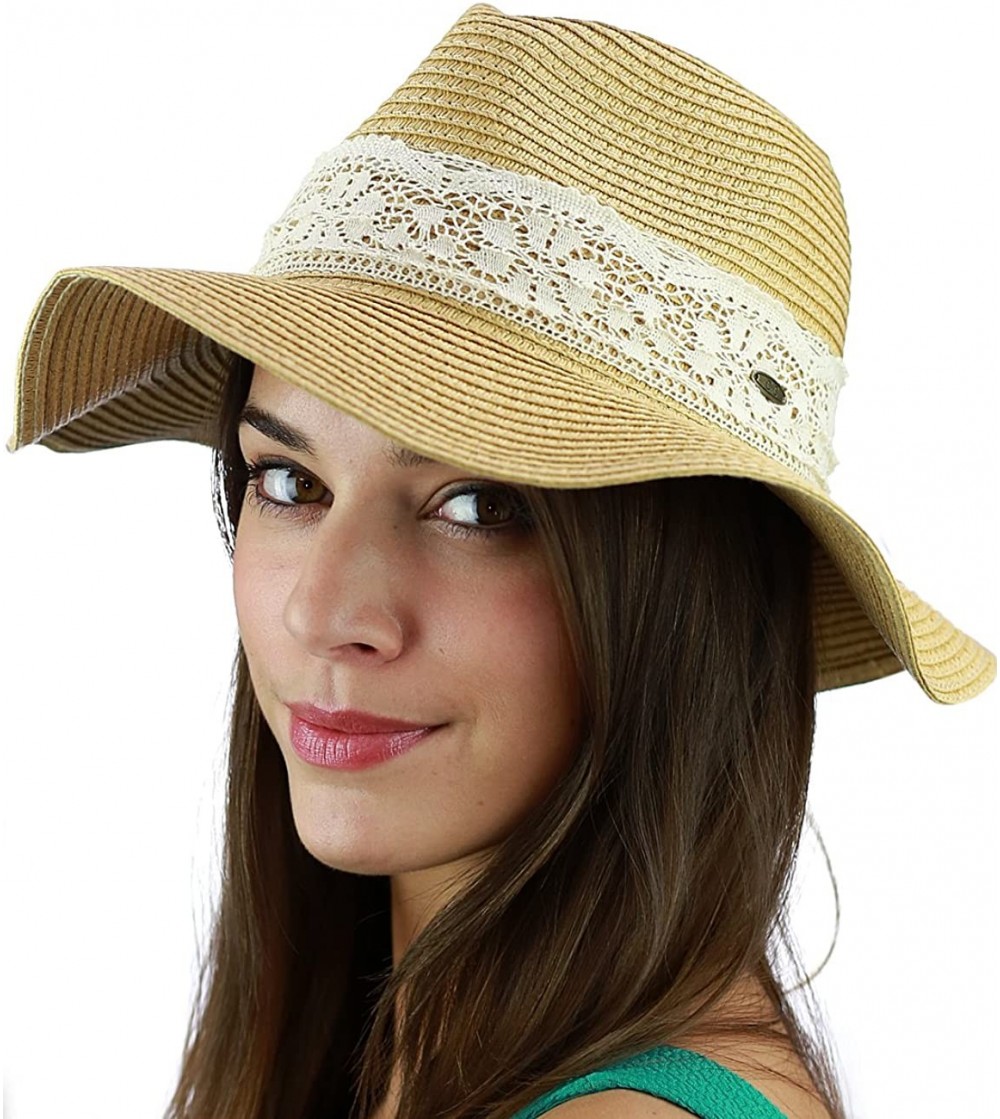 Fedoras Women's Paper Woven Panama Sun Beach Hat with Lace Trim- Natural - CM17YNREUKU