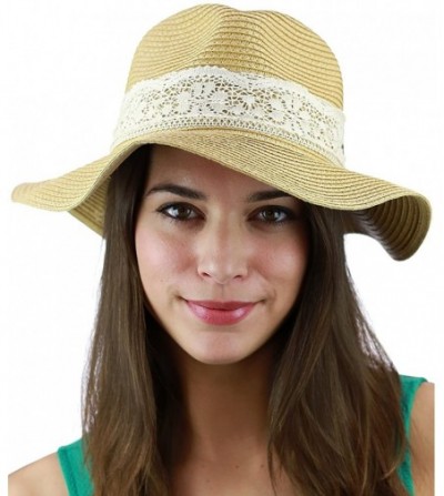 Fedoras Women's Paper Woven Panama Sun Beach Hat with Lace Trim- Natural - CM17YNREUKU