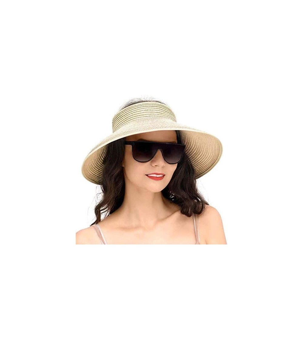 Sun Hats Straw Hats for Women- Foldable Sun Hat UPF 50+ Wide Brim Beach Hat - Beige - CR18U57ITRD