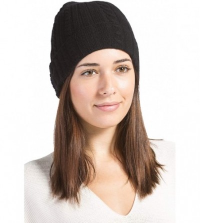 Skullies & Beanies Women's 100% Pure Cashmere Cable Knit Hat Super Soft Cuffed - Black - CC11H5DTKF3