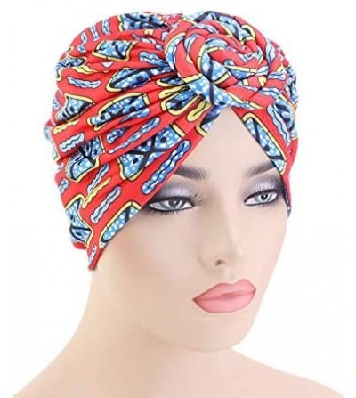 Skullies & Beanies Women Pleated Twist Turban African Printing India Chemo Cap Hairwrap Headwear - Women Bow Red Turben - CA1...