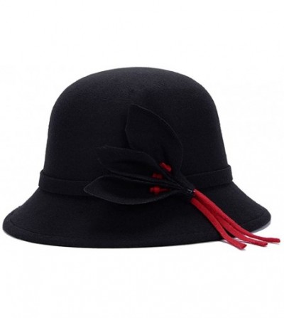 Bomber Hats Fahion Style Woolen Cloche Bucket Hat with Flower Accent Winter Hat for Women - Pure Black-a - CX1208QHEPL