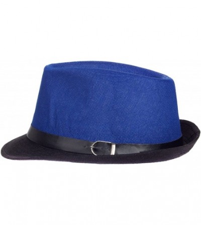 Fedoras Men Women Short Brim Sunblock Summer Fedora Straw Hat with Manhattan Style - Blue-black - C412GZ7O7L1