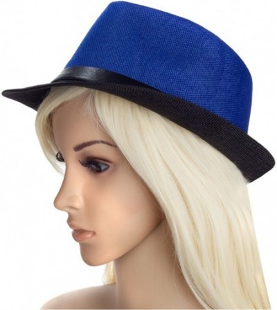 Fedoras Men Women Short Brim Sunblock Summer Fedora Straw Hat with Manhattan Style - Blue-black - C412GZ7O7L1