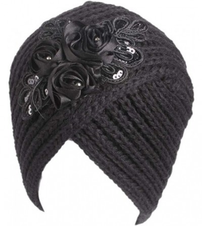 Skullies & Beanies Women's Turban Winter Hat Knitted Cross Headband India Cap Beanie with Sequins Flower - Black - CD18I5O3O9D