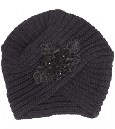 Skullies & Beanies Women's Turban Winter Hat Knitted Cross Headband India Cap Beanie with Sequins Flower - Black - CD18I5O3O9D