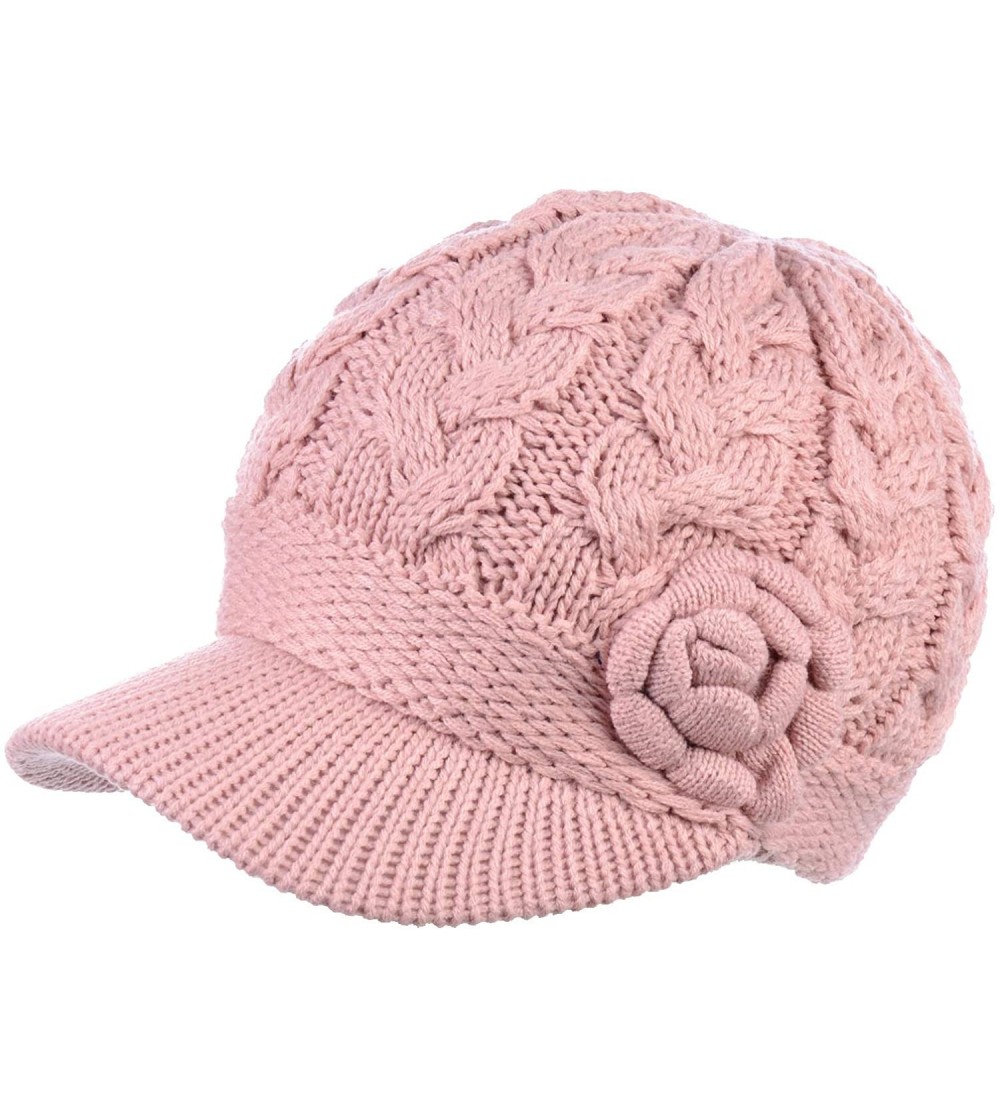 Skullies & Beanies Women's Winter Fleece Lined Elegant Flower Cable Knit Newsboy Cabbie Hat - Pastel Pink Cable Flower - CT18...