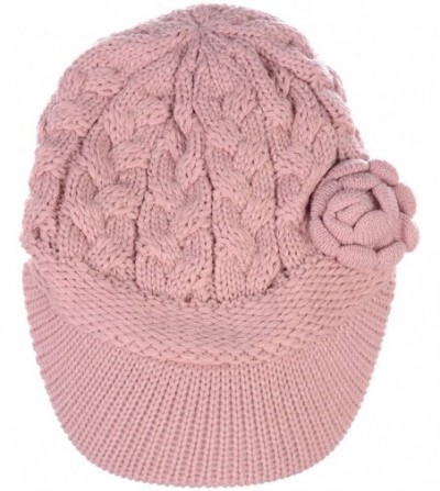 Skullies & Beanies Women's Winter Fleece Lined Elegant Flower Cable Knit Newsboy Cabbie Hat - Pastel Pink Cable Flower - CT18...
