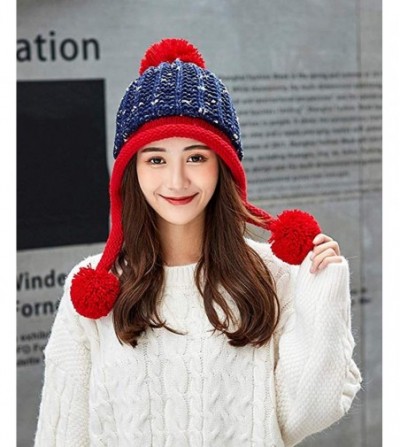 Skullies & Beanies Women Winter Soft Knitted Beanie Hat Ski Ear Flaps Caps for Girls Warm Hats - Navy Red - CN18L43UGM7