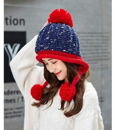 Skullies & Beanies Women Winter Soft Knitted Beanie Hat Ski Ear Flaps Caps for Girls Warm Hats - Navy Red - CN18L43UGM7