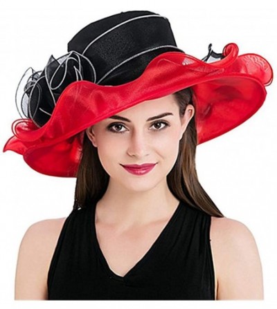 Sun Hats Women's Derby Hat Ruffle Brim Floral Aside Patchwork Organza Wide Brim Hat - Black Top and Red - C418NEMAOZ5