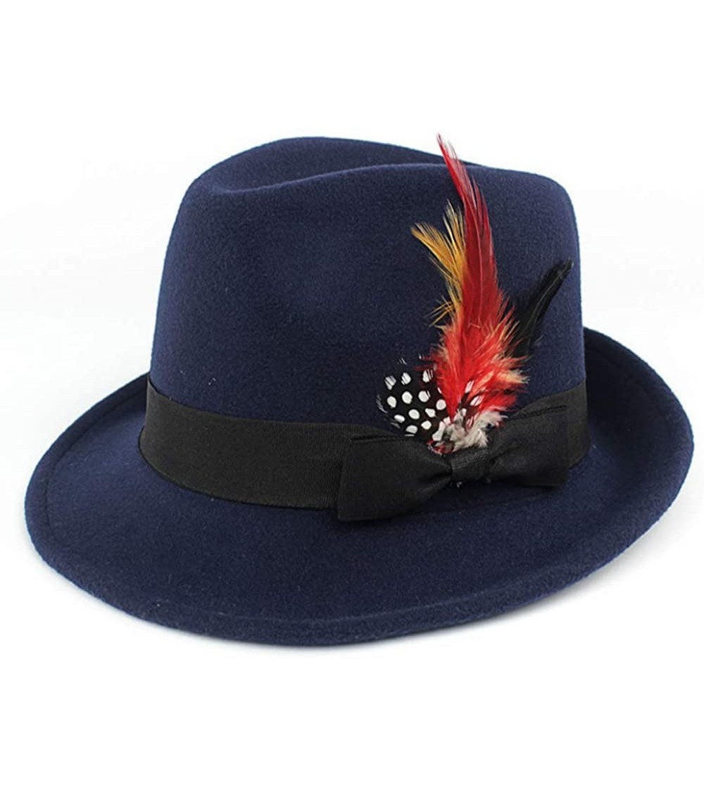 Fedoras Wool-Like Fedora hat Felt Hat Vintage Hats with Feather Wide Brim Gentleman Jazz Cap for Men Women - Navy - CX18LAWN553