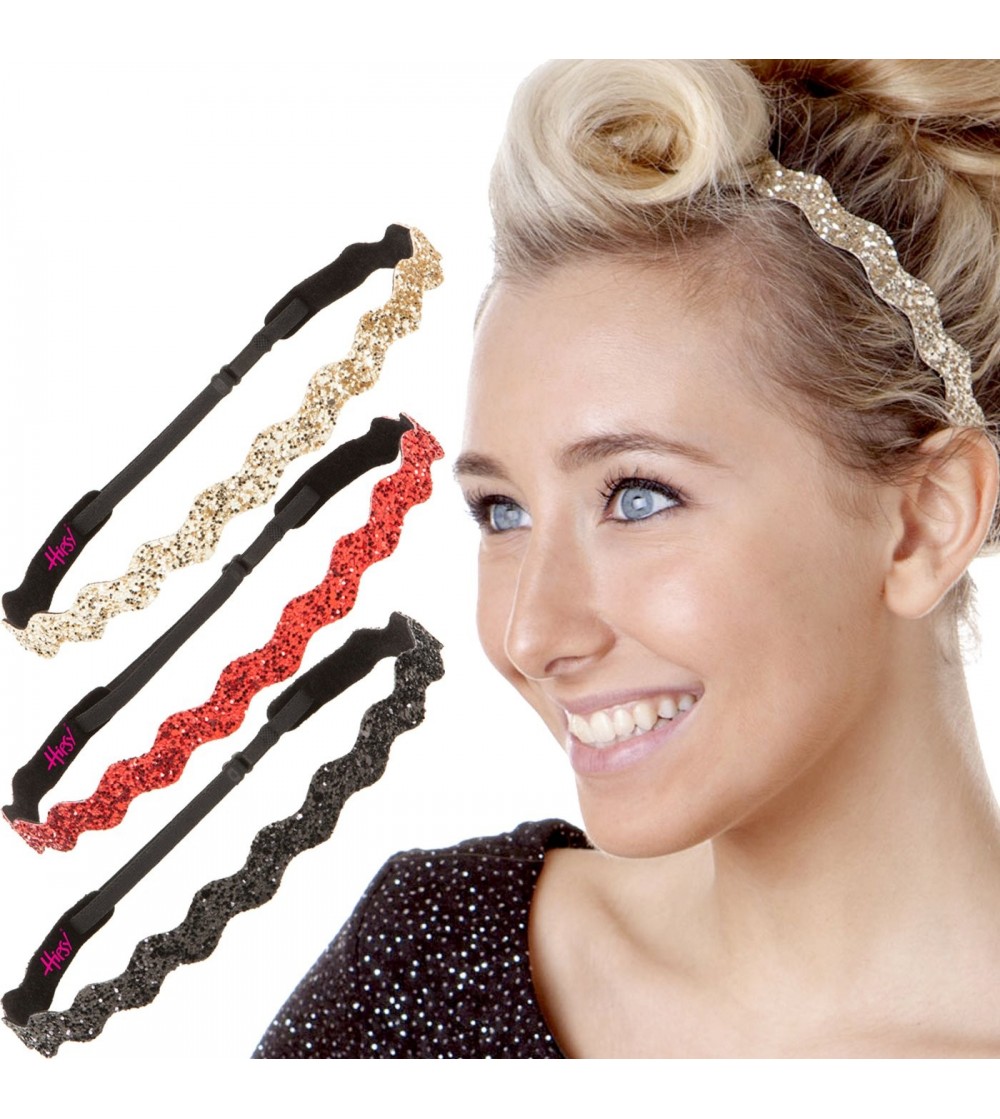 Headbands Women's Adjustable NON SLIP Wave Bling Glitter Multi 3pk (Black/Red/Gold) - Black/Red/Gold - CS11N118T4L