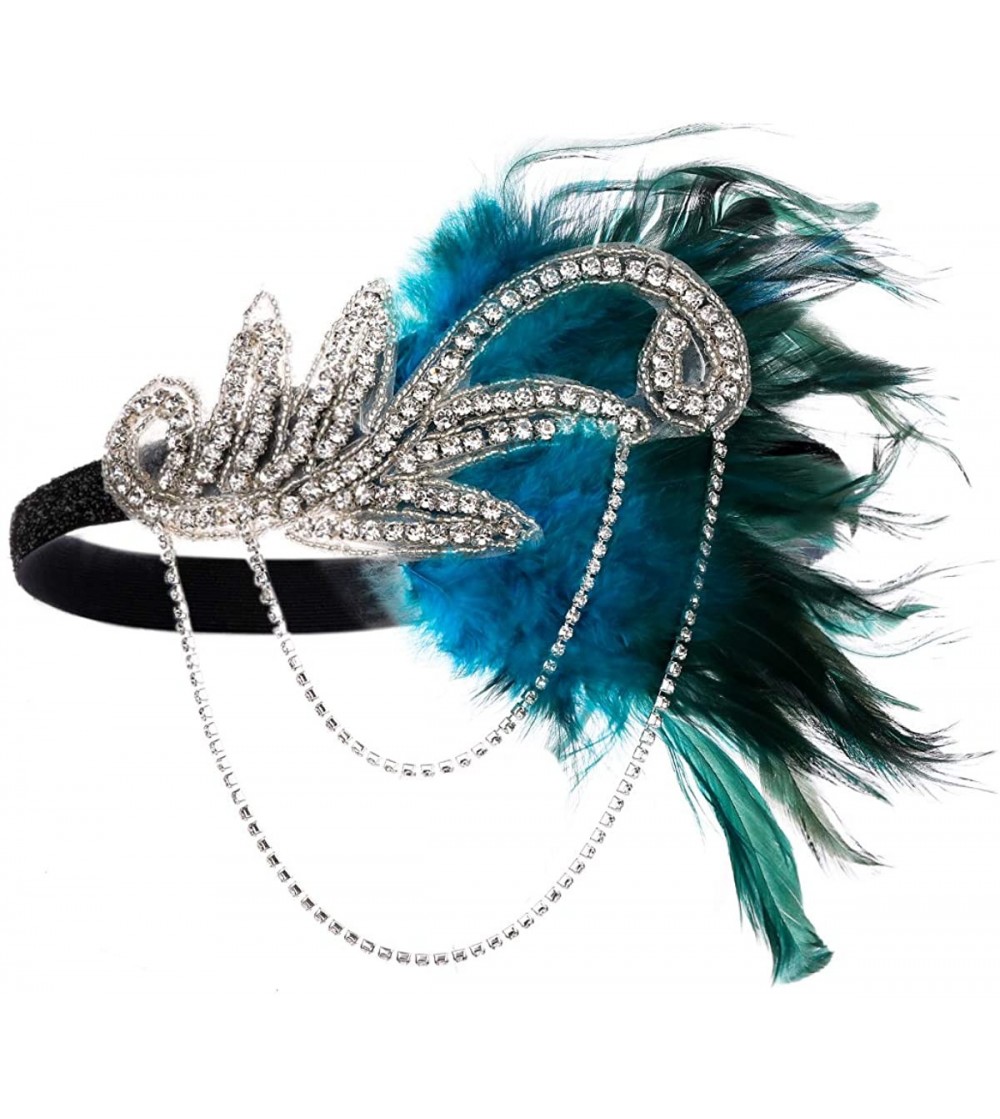 Headbands 1920s Flapper Vintage Feather Gatsby Crystal Headpiece - Blue - CM18H8740Q3