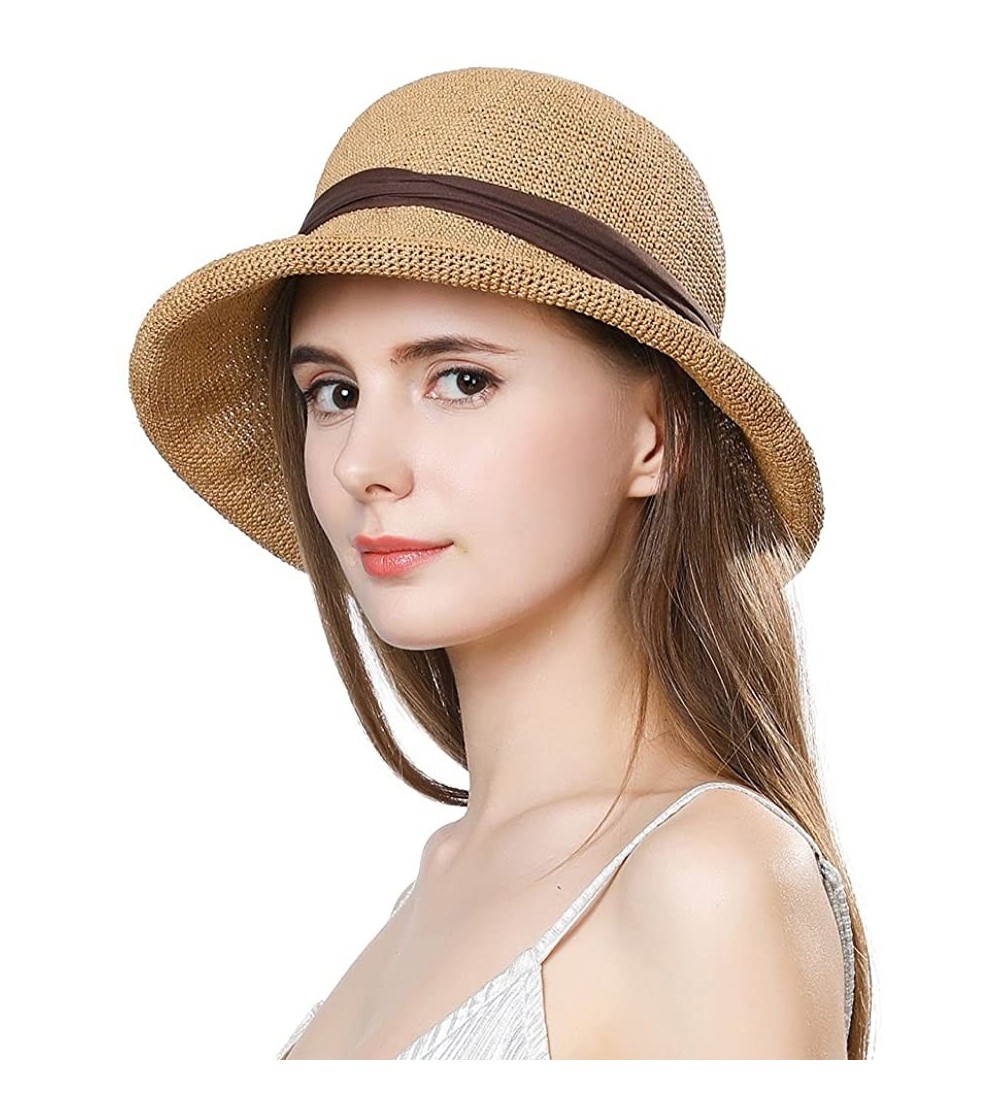 Fedoras Packable Womens Straw Cloche Derby Fedora Summer Wide Brim Sun Hat Floppy Beach 55-60cm - Beige_89032 - CY18D2K67ZX