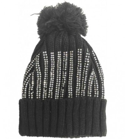 Skullies & Beanies Womens Black & Silver Knit Sequin Pom Beanie Hat Knit Stocking Cap - CF18L02Z7KC