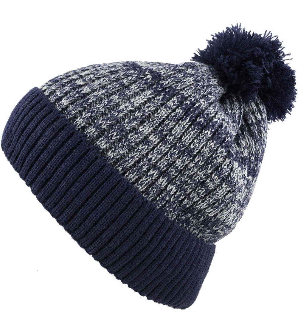 Skullies & Beanies Exclusive Ribbed Knit Warm Fuzzy Thick Fleece Lined Winter Skull Beanie - Navy With Pom - CG18KC0WU3M