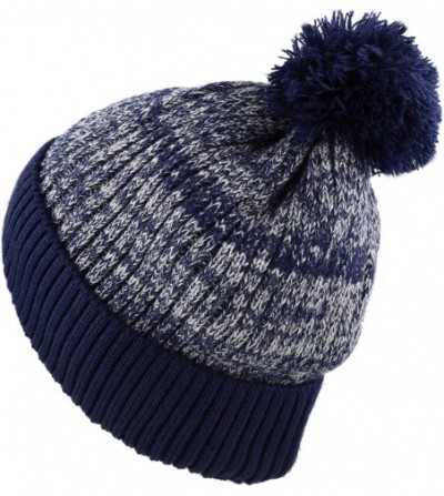 Skullies & Beanies Exclusive Ribbed Knit Warm Fuzzy Thick Fleece Lined Winter Skull Beanie - Navy With Pom - CG18KC0WU3M