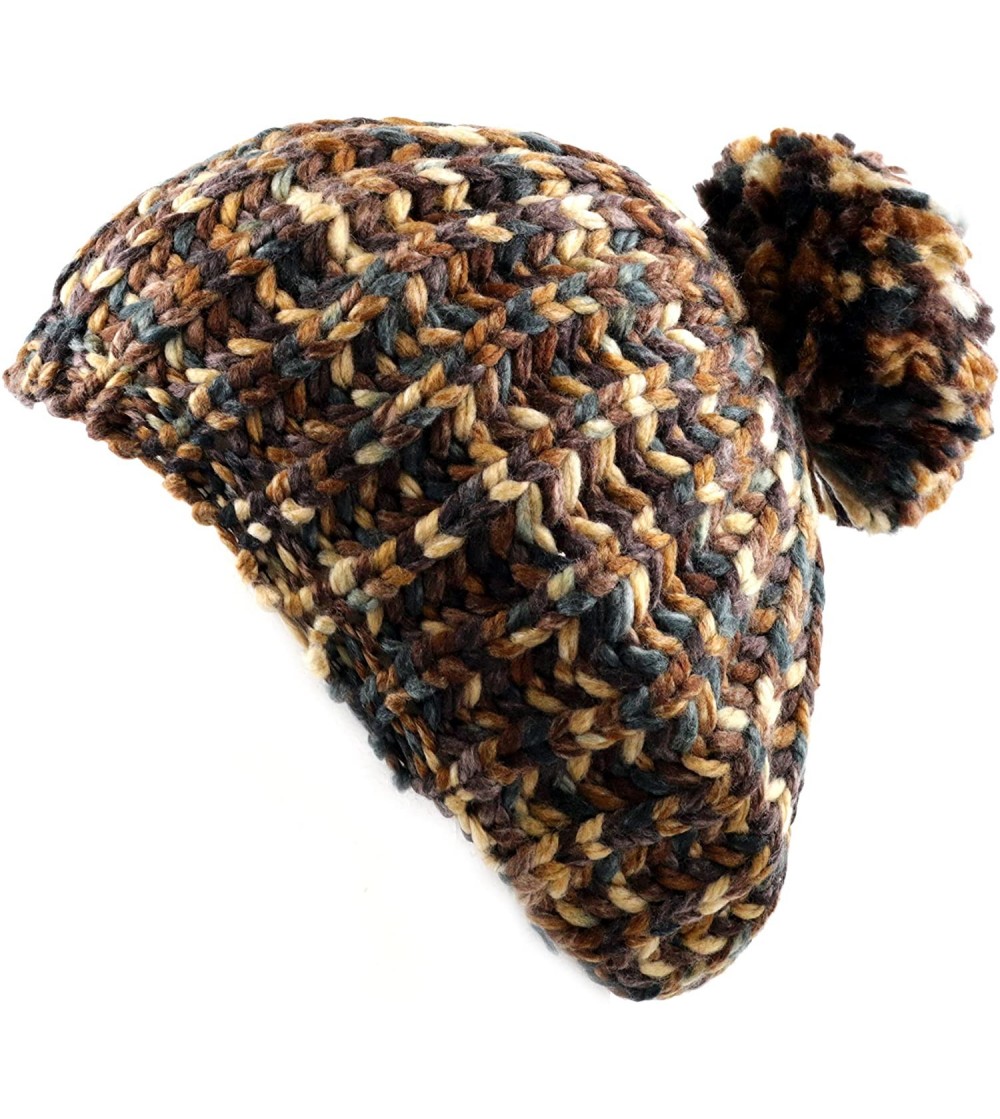 Berets Winter Multi Color Pom Pom Knit Beret Hat - Brown - C8128LYVVKL