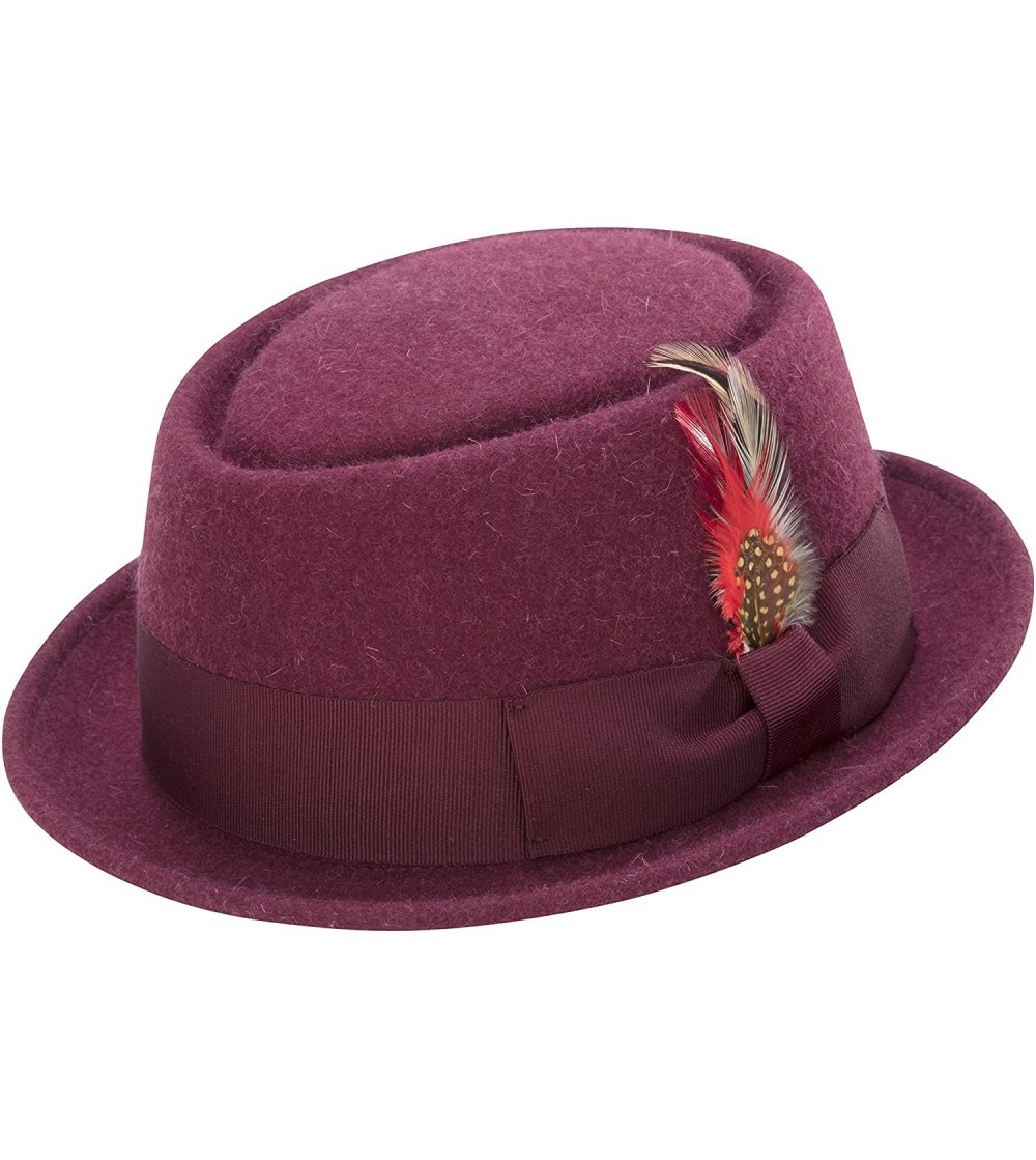 Fedoras Soft Rabbit Wool Snap Brim Pork Pie Teardrop Dent Hat H-52 - Burgundy - CU185UIU4EM