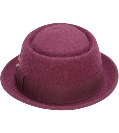 Fedoras Soft Rabbit Wool Snap Brim Pork Pie Teardrop Dent Hat H-52 - Burgundy - CU185UIU4EM