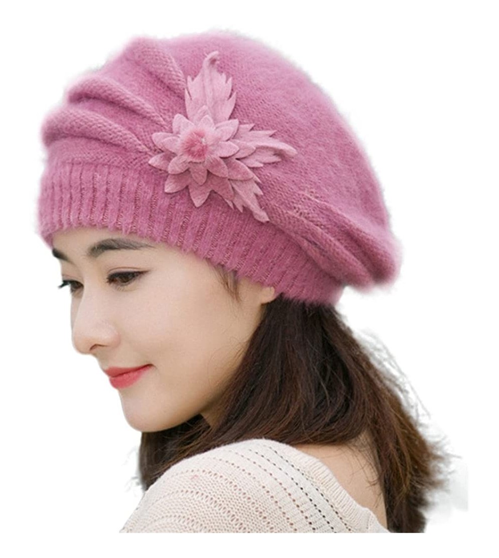 Berets Winter Beret Cap Womens Flower Knit Crochet Beanie Hat Winter Warm Cap - Purple - C012O7ONWRB