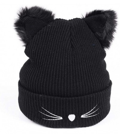 Skullies & Beanies Women Double Cat Ears Winter Casual Warm Cute Knitted Beanie Hats Hats & Caps - Black - CU18Z2ZCGI3