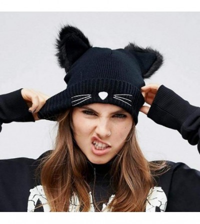 Skullies & Beanies Women Double Cat Ears Winter Casual Warm Cute Knitted Beanie Hats Hats & Caps - Black - CU18Z2ZCGI3